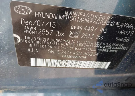 2016 Hyundai Sonata Se from USA, damaged, VIN 5NPE24AF4GH360234